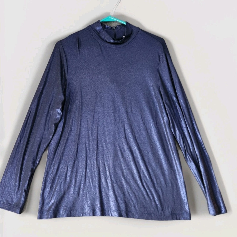 Chicos Women's XL Pretty Shiny Navy Blue Mock Neck Long Sleeve Top Shirt Stretch